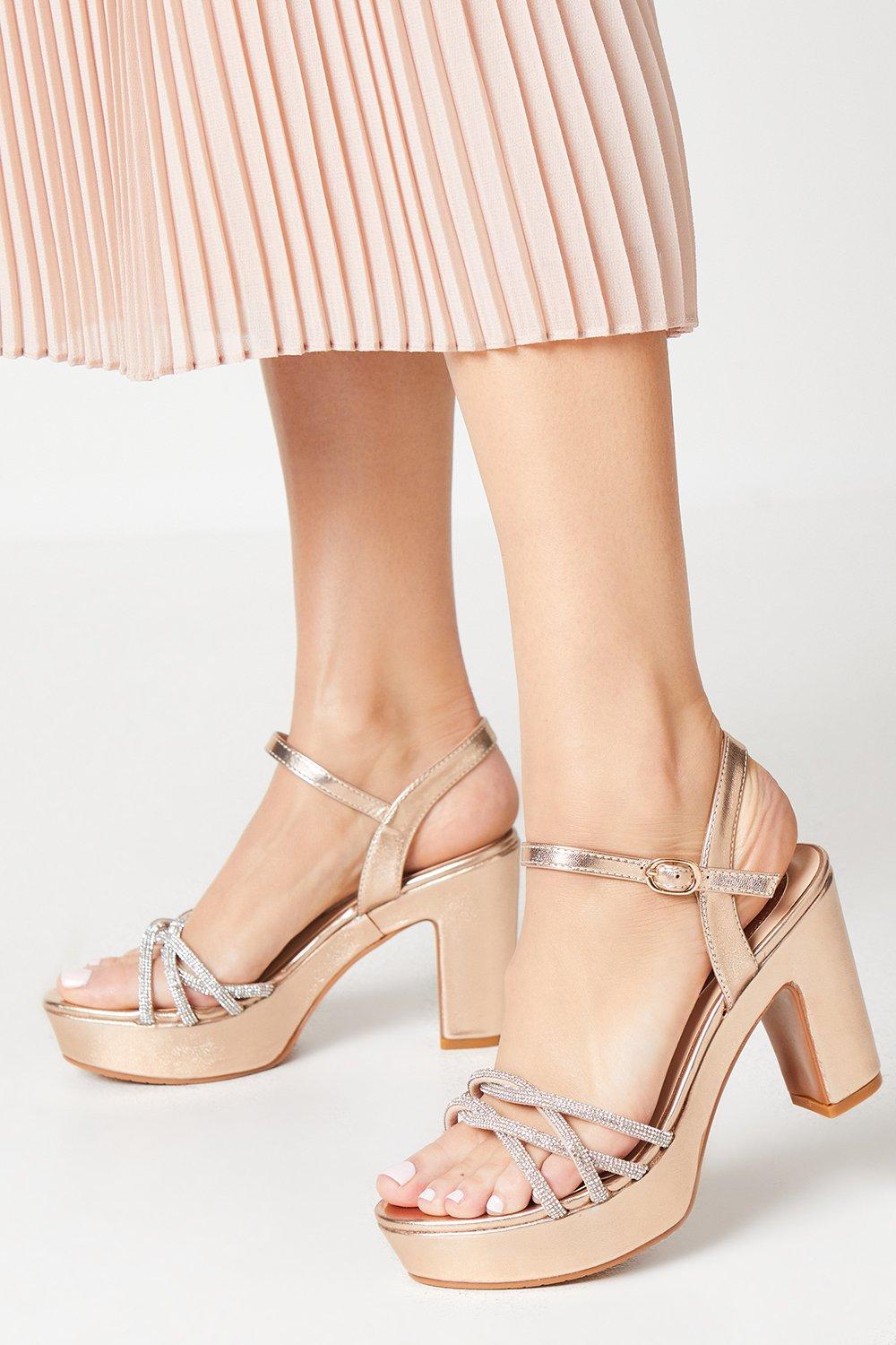 Tiffany Diamante Twist Strap Platform Heeled Sandals - Pink